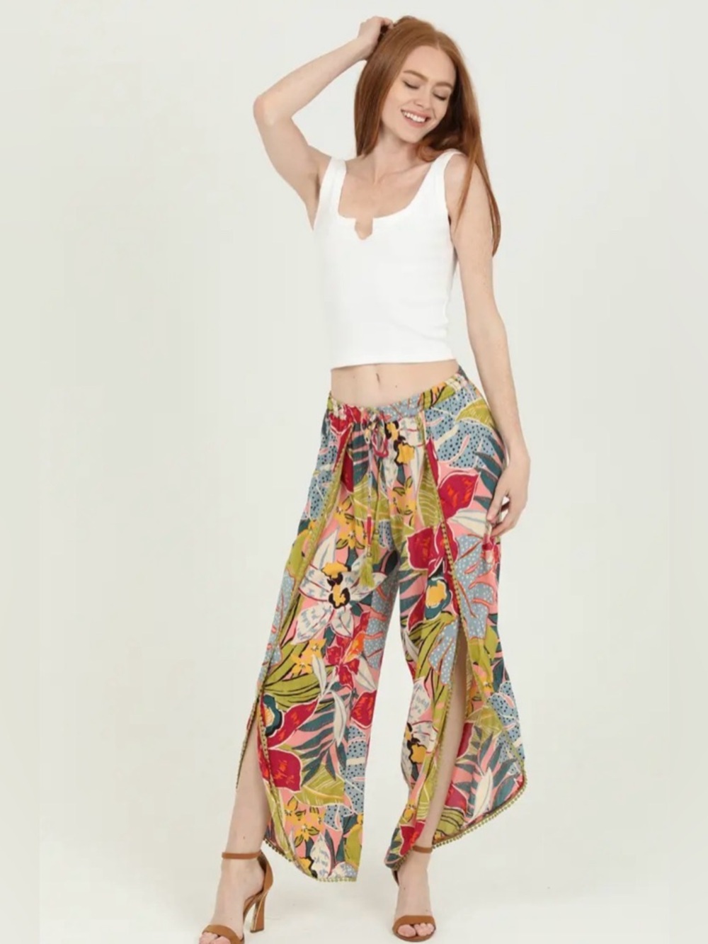 Angie Tropical Print Wide-Leg Pants